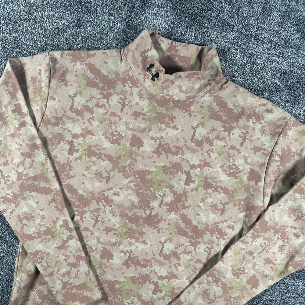 Under Armour Mock Neck Mens Large ColdGear Tan Digital Camo Compression Tactical